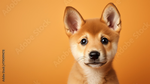 A cute Shiba Inu puppy with big ears and a happy expression on its face is sitting on a solid orange background.