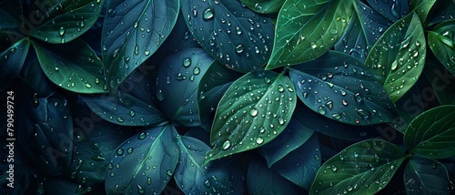 Dark blue and green leaves with water droplets, in the style of hyper realistic photography in the style of photography.