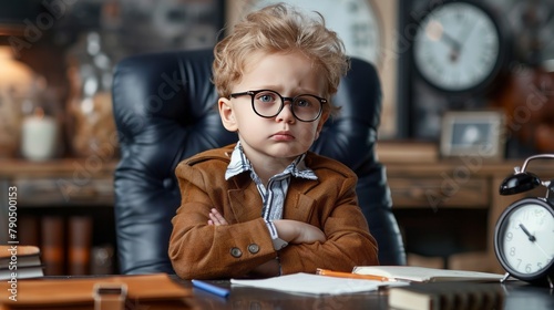 Boring job.Young business boy. funny child in glasses writing pen. little boss in office