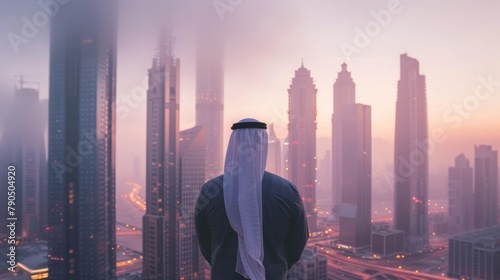 Arab man standing in front of modern high-rise city , wide banner