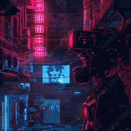 Capture the eerie glow of neon lights casting shadows of twisted robotic limbs, while the camera peers from the inside of a shattered visor Create a pixel art masterpiece with a haunting ambiance