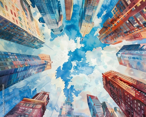 Capture the majesty of towering skyscrapers in a watercolor cityscape with dramatic clouds Showcase the scale and grandeur of the urban landscape