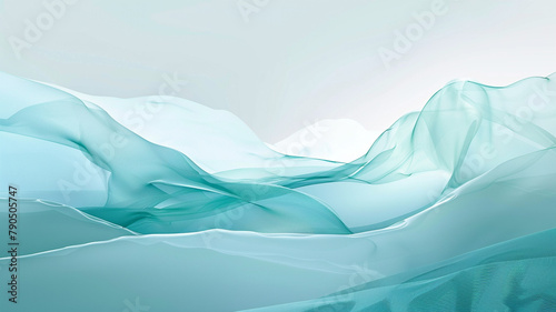 A minimalist abstract design where translucent layers of icy mint and soft sky blue merge, suggesting the refreshing coolness of a gentle breeze on a hot summer day