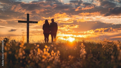 A couple is standing in front of a cross at sunset.