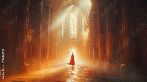 A dark figure in a red cloak walks through a long, dimly lit corridor. The corridor is lined with tall, arched windows, and the figure's footsteps echo off the stone walls. The figure stops at a large