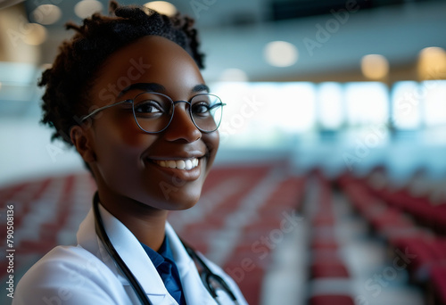 Happy black medical student in amphitheater looking at camera