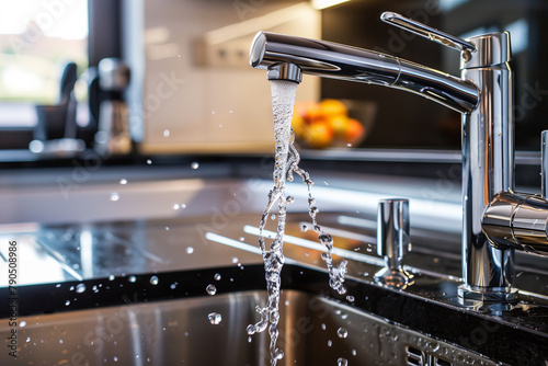 Water cascades aerodynamically from a modern kitchen faucet onto a reflective granite countertop, hinting at cleanliness and hydration