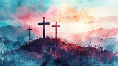 Beautiful digital watercolor artwork depicting the crucifixion of Jesus on Calvary's hill.