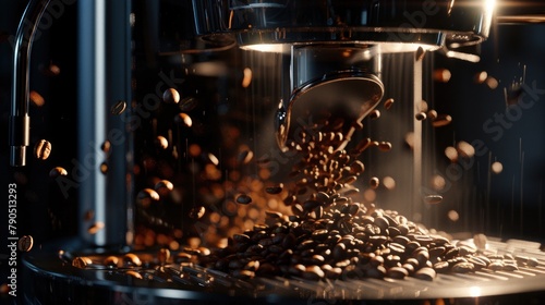 Photography of a grinding coffee beans inside the coffee machine, super realistic, super resolution 