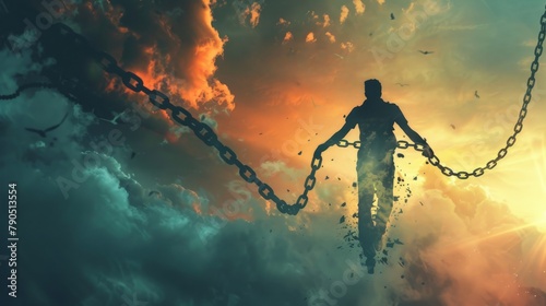 A man breaking free from chains in a beautiful sky