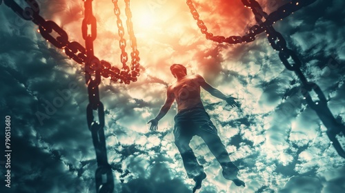 A man is suspended in mid-air by chains.