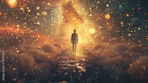 A man walking through a surreal landscape with glowing particles and a bright light in the distance.