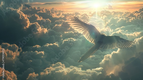 A phoenix flies above the clouds toward the sun.
