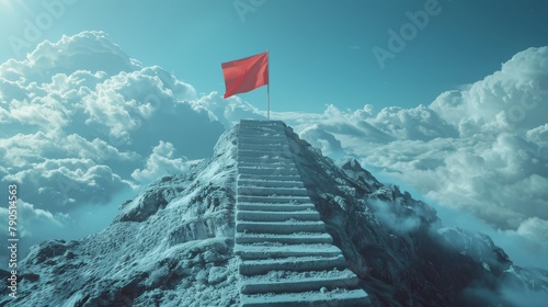 A red flag on top of a snow-capped mountain.