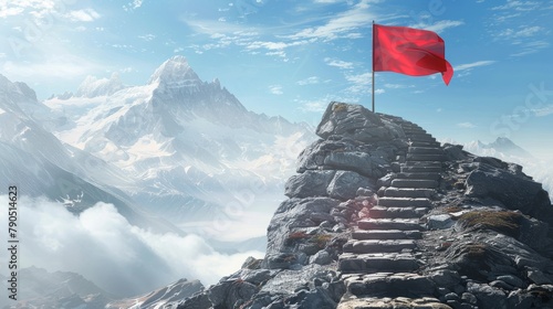 A red flag planted on top of a high mountain peak
