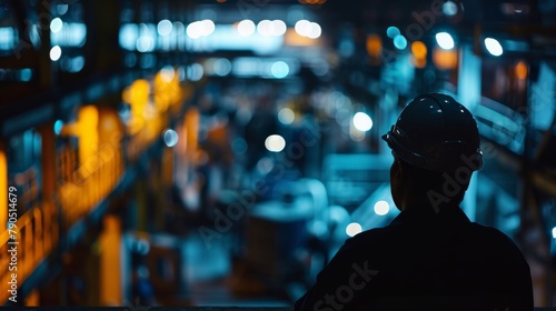 A silhouette of an industrial worker wearing a hard hat looking out over a plant at night.