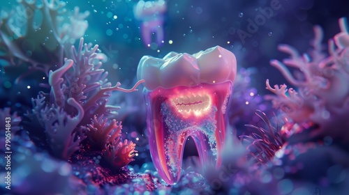 A tooth surrounded by coral and bubbles in the deep sea.