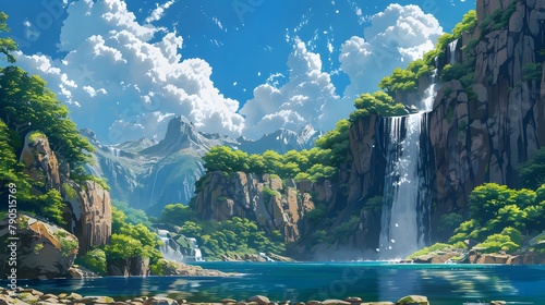 Stunning portrayal of a cascading waterfall descending from a towering cliff in Japanese anime concept, amidst drifting clouds and vibrant blue skies
