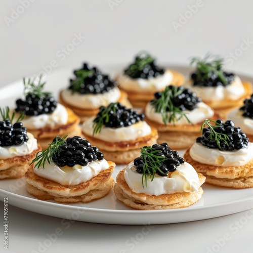Opulent caviar and blini canap?s with cr?me fra?che