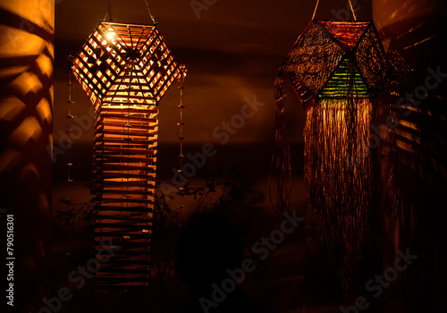 Traditional Atapattama Vesak lantern, Ocatagen shaped lantern symbolises eightfold path, Sri lankan vesak festival celebrations.
