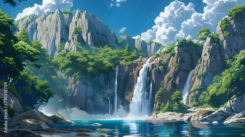 Mesmerizing illustration of a cascading waterfall descending from a towering cliff in Japanese anime concept, amidst drifting clouds and vibrant blue skies