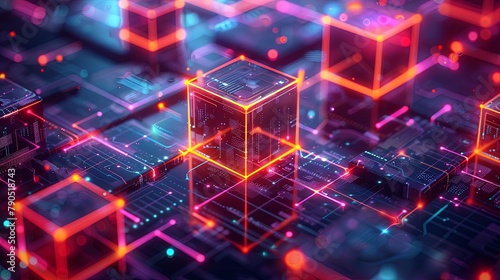 A visually striking 3D illustration of quantum computing technology with illuminated cubic nodes and interconnected data paths.