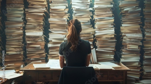 A woman sits at a desk in a room full of filing cabinets.