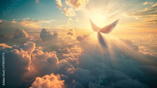 An angel flies in the sky above the clouds toward the sun.