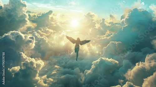 An angel soars through the clouds toward the light.
