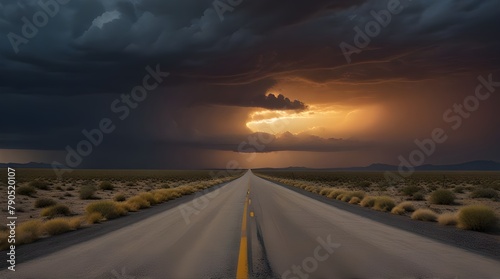 Long desolate desert road in the middle of nowhere under dramatic stormy sunrise sky.generative.ai 