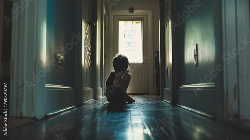A young boy sitting alone at the end of a dark hallway, his head buried in his knees