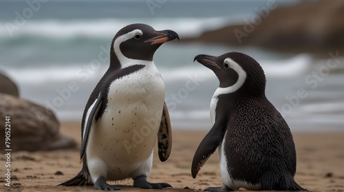 Closeup of two isolated cute humboldt penguins on blurred beach background, conversation between the water birds.generative.ai 