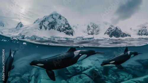 Awe-Inspiring Orcas Pod in Icy Waters with Snow-Capped Mountains Drone View.