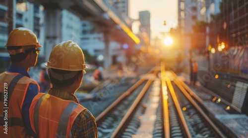 Two construction workers are standing on a railway track, looking at the sunset.