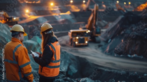 Two mining engineers in hard hats and safety vests discuss plans in front of a large open-pit mine.