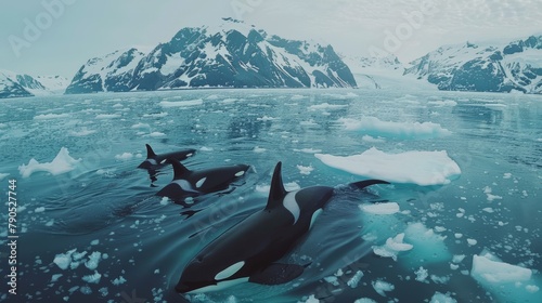 Majestic Orcas Pod in Icy Waters with Snow-Capped Mountains Aerial View.