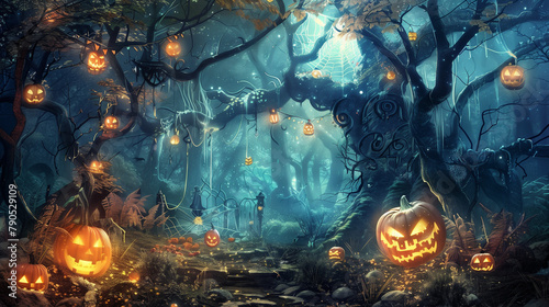 an enchanted forest where mythical creatures celebrate Halloween. Fairies, elves, and goblins wear festive costumes. The forest is aglow with jack-o'-lanterns hanging from trees and bioluminescent pla