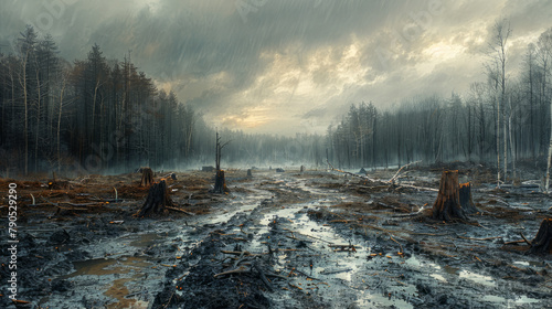 Stark depiction of a devastated forest, tree stumps and habitat remnants litter the ground, under a somber grey sky, emphasizing environmental loss