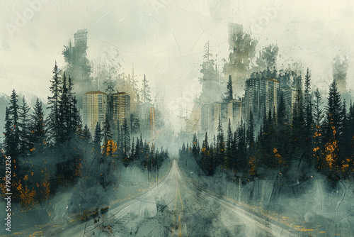 Digital collage depicting roads and buildings superimposed on forest backdrop, visual metaphor for habitat fragmentation due to development