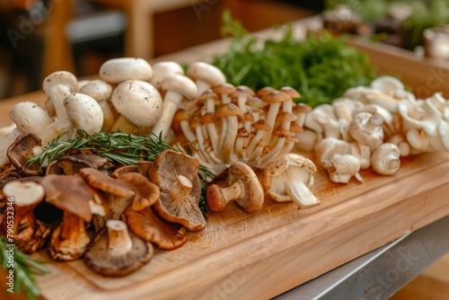 A variety of mushrooms displayed on a wooden cutting board