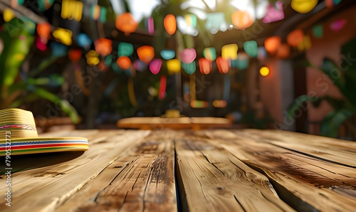 Close-up, horizontal homogeneous wooden surface in the foreground, blurred colorful elements in the background, beautiful bokeh