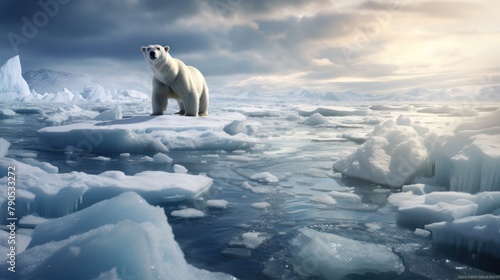 Polar bear in icy Arctic habitat,The ice at the poles is melting.