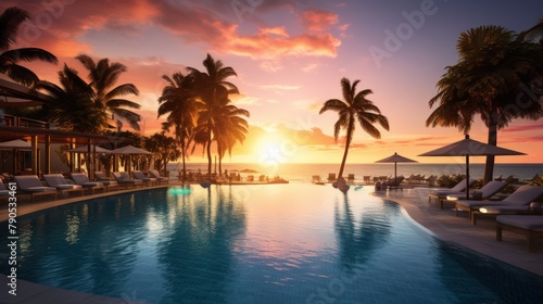 Sunset by the beach with palm trees silhouetted against the orange sky, creating a tropical paradise vibe