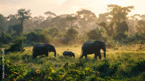 A silhouette of a majestic elephant family against a colorful savanna sunset
