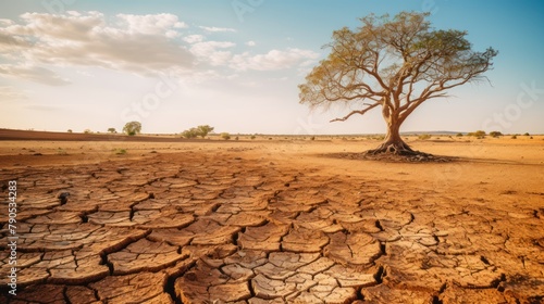 A lone, parched tree sprawls across the arid desert landscape