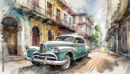 an old car from the 50s, in a Cuban city, Watercolor art, soft watercolor art, soft brush strokes, pencil drawing AI Generated
