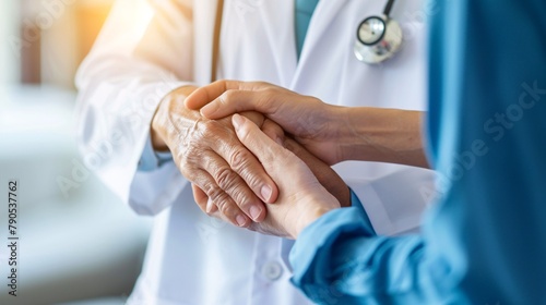 Medical professional providing assistance and comfort to an elderly patient in the process of healing or grieving at a long-term care facility or medical facility.