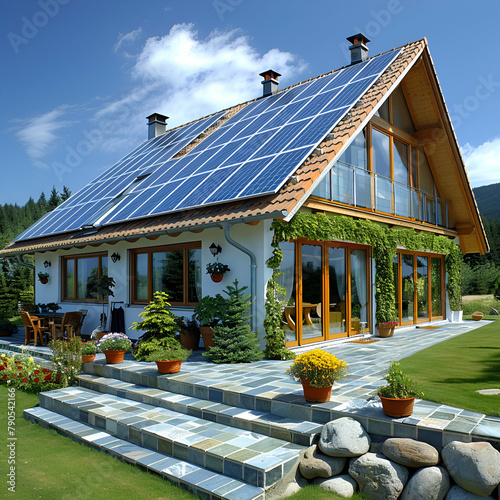 Einfamilienhaus mit Solarpaneelen, auf dem Dach, made by AI