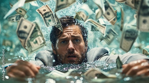 a businessperson slowly sinking into quicksand made of currency, with rescue ropes made of budget plans and financial advice being thrown their way