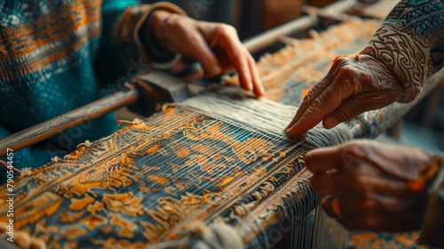 a couple weaving a tapestry together on an old wooden loom, with the design depicting scenes from their love story This illustrates how their lives are interwoven, creating a strong, unified fabric